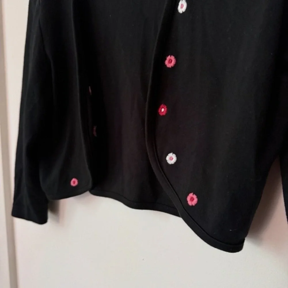 Vintage Y2K Black Cropped Cardigan Womens M Embroidered‎ Floral Whimsy Kidcore